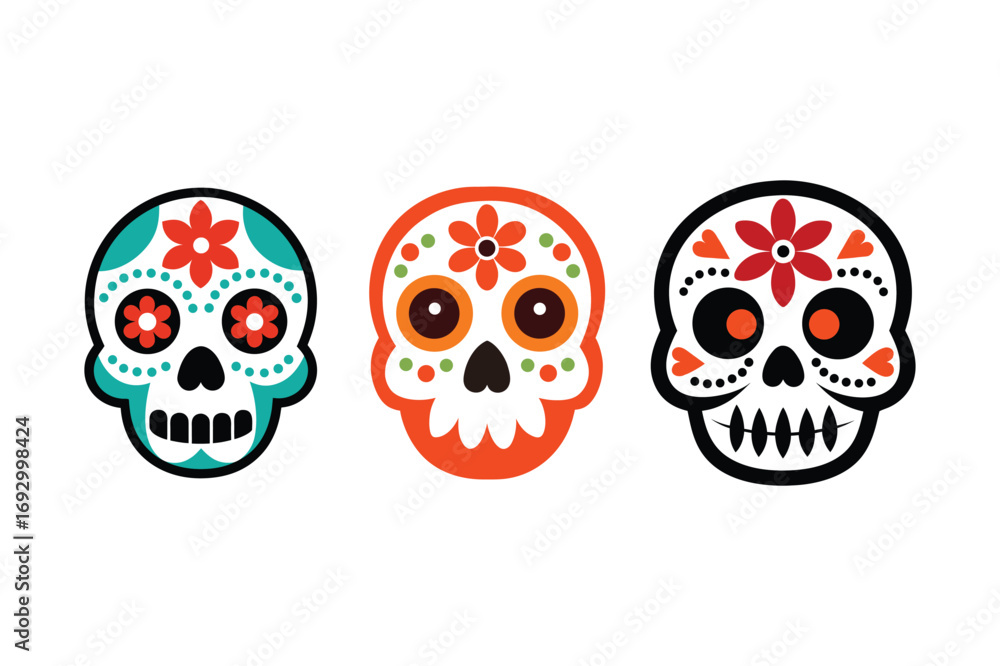 Obraz premium A set of Mexican sugar skulls for Halloween day vector illustration