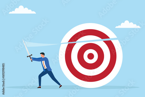Vector illustration of a businessman slicing a goal sign with a sword, symbolizing determination, overcoming obstacles, and taking bold action to achieve success
