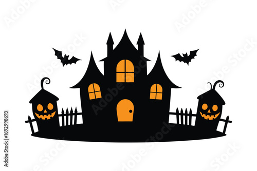 Wallpaper Mural Haunted house silhouette with glowing windows, smiling and scary pumpkins, Halloween vector illustration Torontodigital.ca