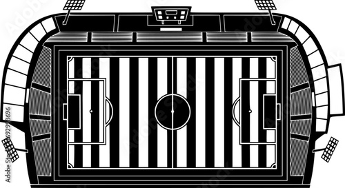 Football pitch. Soccer field line style. Black outline court and stadium scheme on white background.