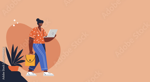 Modern person walking with laptop and bag, representing remote work, mobile productivity, and a flexible digital lifestyle. Ideal for business, education, or technology themes.