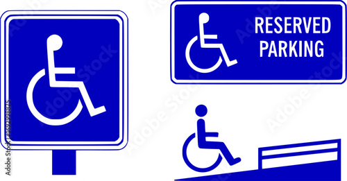 Handicapped reserved parking signs. Wheelchair ramp access sign symbol