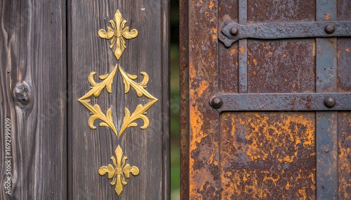 Ornate wooden gate with rusted metal panels