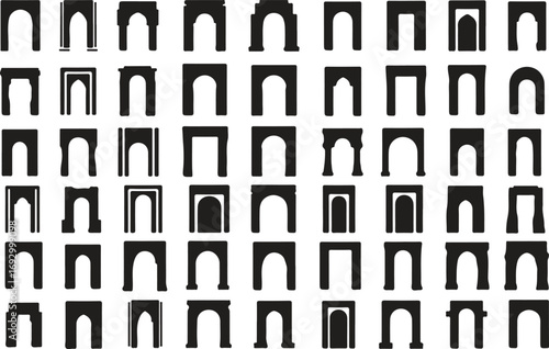 Set of architectural arches in black and white minimalist representation for backgrounds and designs