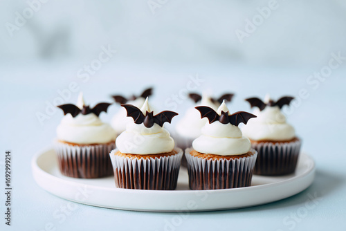 Cupcakes with white frosting and chocolate bats on a white plate