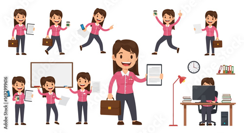 Cartoon office worker character constructor vector illustration. A smiling business woman wearing a pink shirt and trousers holds a briefcase, documents, a smartphone, and a coffee cup. Various poses 