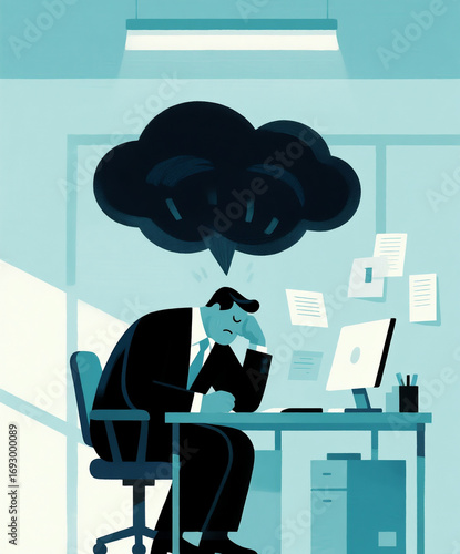 Illustration of an overwhelmed businessman under a storm cloud, representing professional burnout and mental health struggles in the workplace