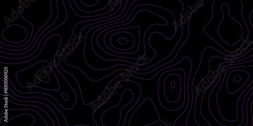 Abstract topography background. Geographic line map with elevation assignments. Seamless purple color wavy layers pattern on black background. Retro topographic map.	