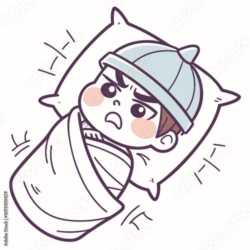 Frustrated cartoon child bundled in blanket on pillow, feeling unwell and uncomfortable