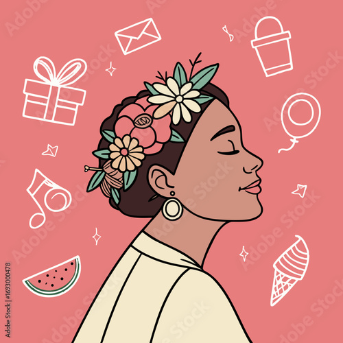 Joyful woman adorned with flowers dreams of celebrations, gifts, and sweet treats, radiating happiness and anticipation for fun.