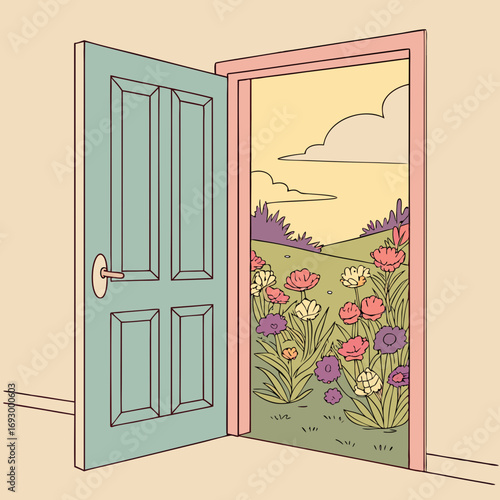 Step into a vibrant blooming meadow through an open doorway, inviting wonder and new beginnings.