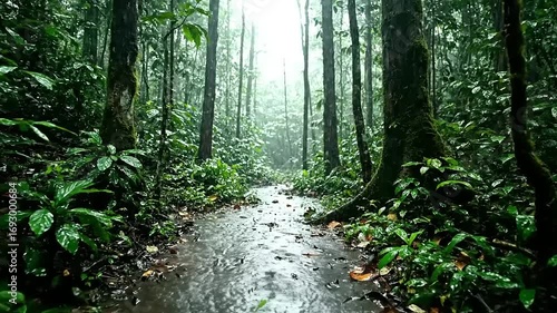Rain falling on lush green leaves and flowing stream in a tropical rainforest