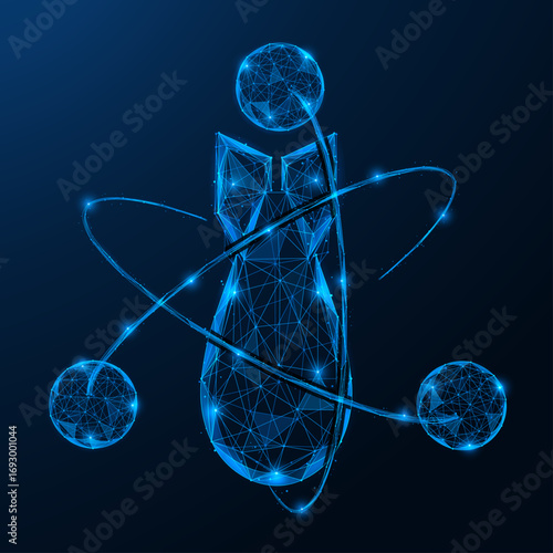 The falling atomic bomb. A projectile around which three spheres rotate, connected by orbital trajectories. Low-poly design of interconnected lines and dots, blue background.