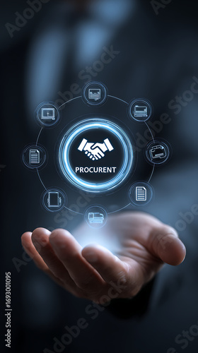 A Mans Hand Gently Holds a Glowing Circular Procurement Icon Surrounded by Blue Digital Symbols Representing Documents Files and Logistics