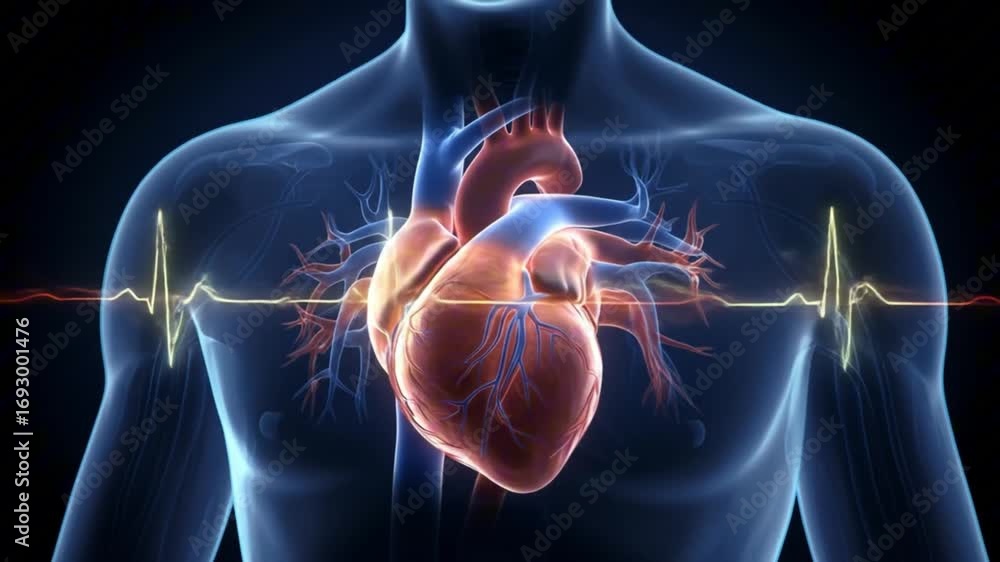 Anatomical rendering of a heart with veinsarteries overlaid on a translucent torso and a yellow heartbeat line