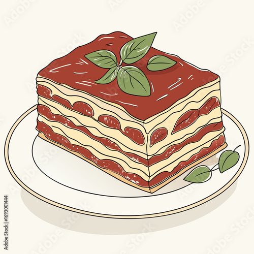 Delicious slice of layered lasagna with rich tomato sauce and fresh basil on a plate, perfect for Italian restaurant menus