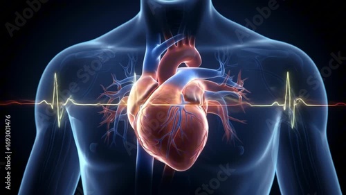 Anatomical rendering of a heart with veinsarteries overlaid on a translucent torso and a yellow heartbeat line