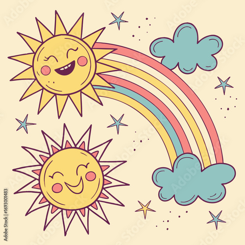 Joyful suns and vibrant rainbow with playful clouds and stars, creating a cheerful and whimsical scene for children's designs