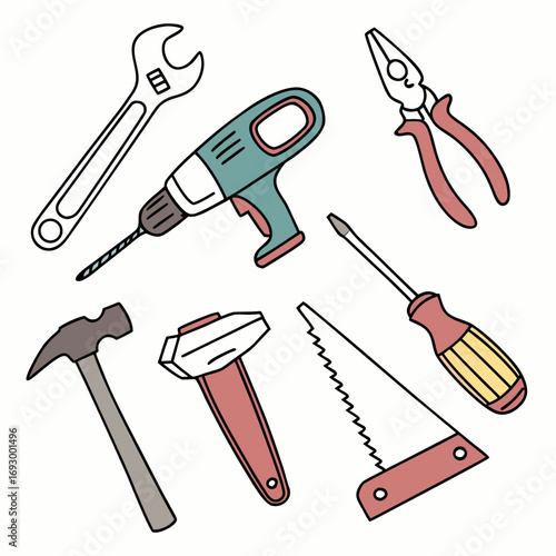Get ready for any project with this collection of essential DIY tools including a drill, hammer, saw, wrench, pliers, and screwdriver
