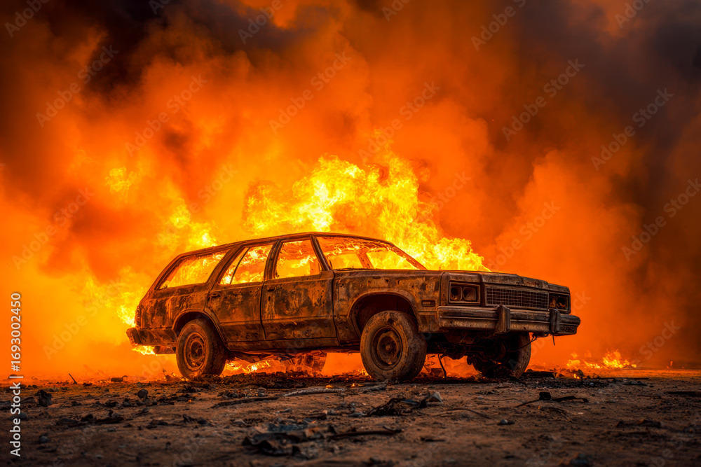 Obraz premium Old rusted station wagon abandoned and engulfed in intense blazing flames with thick smoke filling the background during a destructive fire emergency scene