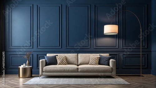 Modern living room with plush sofa and ambient lighting