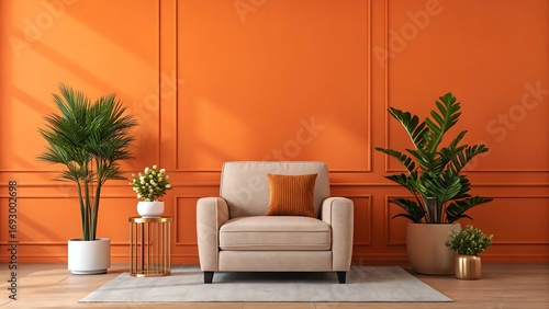 Cozy armchair with plants in vibrant orange living room