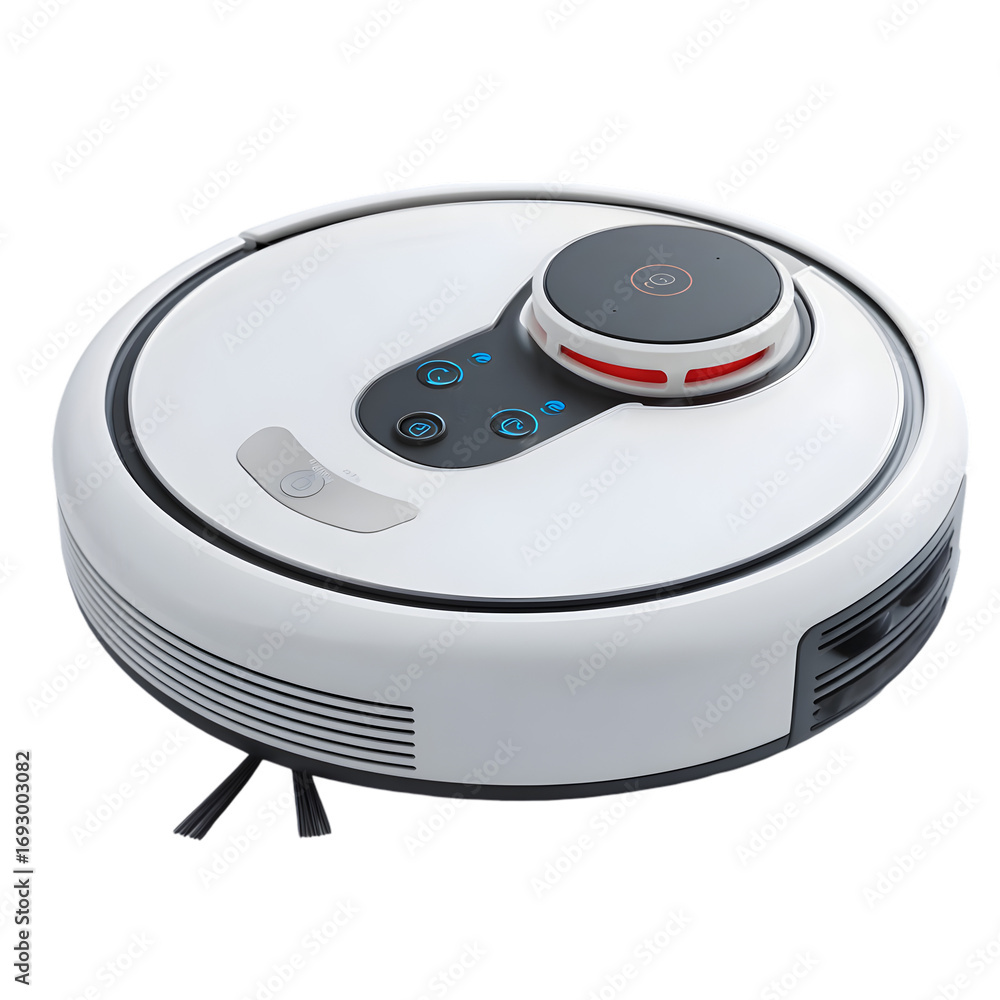 Fototapeta premium Modern white robotic vacuum cleaner with dark gray accent on a clean transparent background for easy integration isolated on transparent background