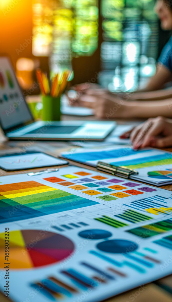 Fototapeta premium Creative workspace with color charts and graphs for data analysis and visual presentation
