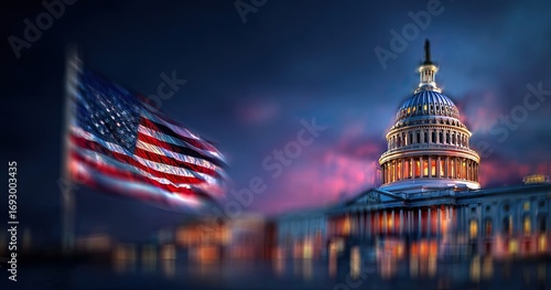 US Capitol Building at Night with Flag