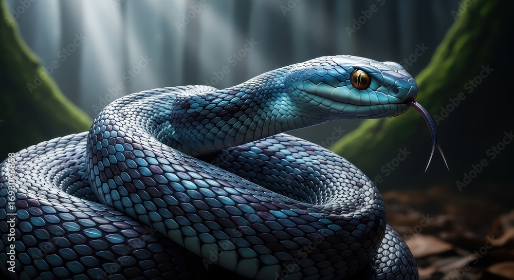 Fototapeta premium Striking Blue Snake with Detailed Scales and Yellow Eye