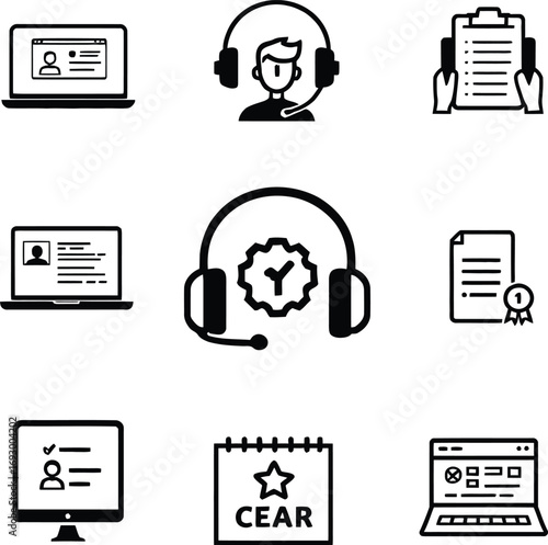 (29)Customer Service & Certification Icon Grid – Black and White Vector Illustrations of Support Agents, Laptops, and Documents