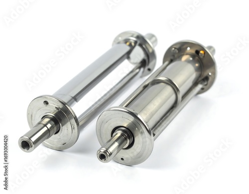 Two cylindrical metal parts, likely components for a machine,  angled on white background