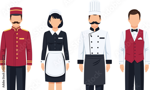 Diverse hospitality staff in uniform, representing hotel service and culinary roles