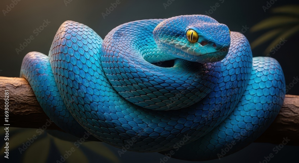 Fototapeta premium Vibrant Blue Snake Coiled on Branch, Exotic Wildlife Illustration