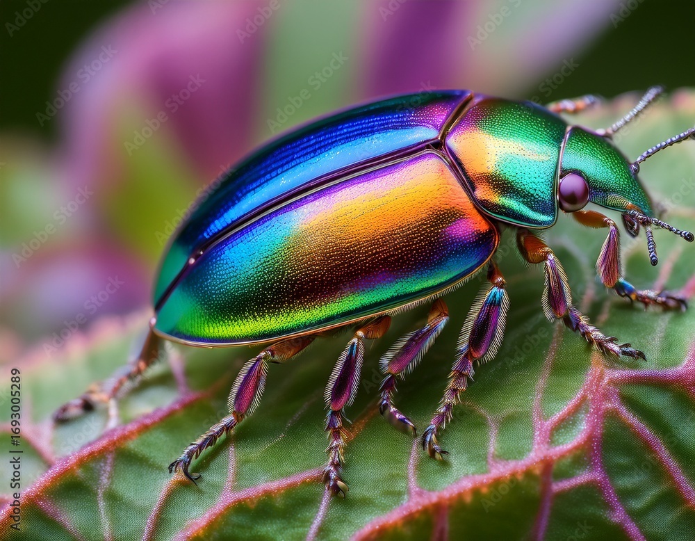 Naklejka premium iridescent jewel beetle with rainbow coloration showcasing nature s beauty and intricate details ideal for scientific studies and vibrant designs