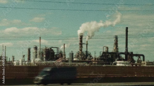 Super 8 Footage of Driving Scenics in New Jersey, Passing Large Industrial Oil Refinery with Smokestacks