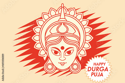 Red and Cream Goddess Durga Face with Sunburst and Text Hindu religion