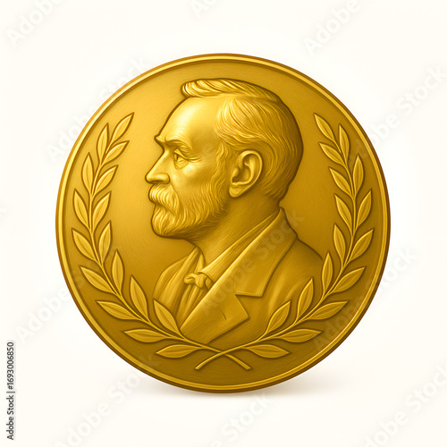 Golden Nobel Prize medal with detailed engraving, isolated vector on white background.