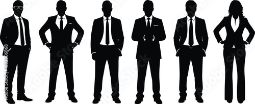 Business team silhouette illustration with confident poses and formal attire for corporate design, leadership themes, and black-and-white vector artwork