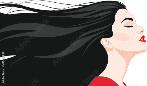 Beautiful woman with long, flowing black hair in profile, eyes closed, feeling the breeze
