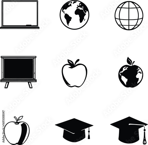 (52)Education and global learning icon set with laptops, globes, apples, chalkboards and graduation caps in black and white vector style