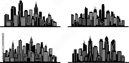 City skyline silhouette set with diverse architectural styles and building heights for urban design, planning, and black-and-white vector artwork