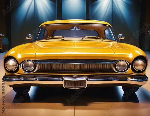 front view of bright yellow retro car in automotive exhibition chrome details vintage classic vehicle shiny showroom display old luxury automobile nostalgia collectorrs car retro design