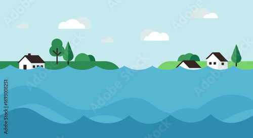 Flooded place with houses and trees surrounded by water and sky, background, vector  
