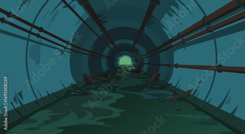 Flooded sewer with water and debris in a dimly lit tunnel, background, vector  
