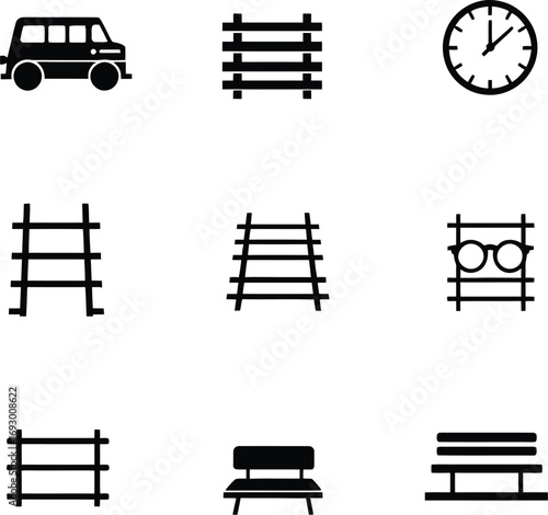 (58)Transport and public space icon set with car, railroad tracks, benches, clock, fence and observation symbols in vector style