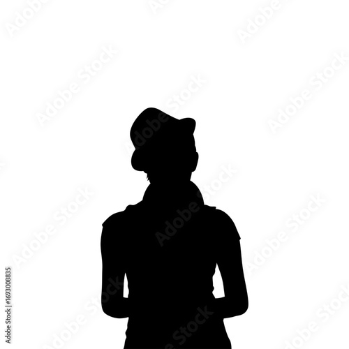 A compelling silhouette of a woman, likely in her 20s or 30s, wearing a hat and scarf, seen from behind, looking upward against a pure white background.