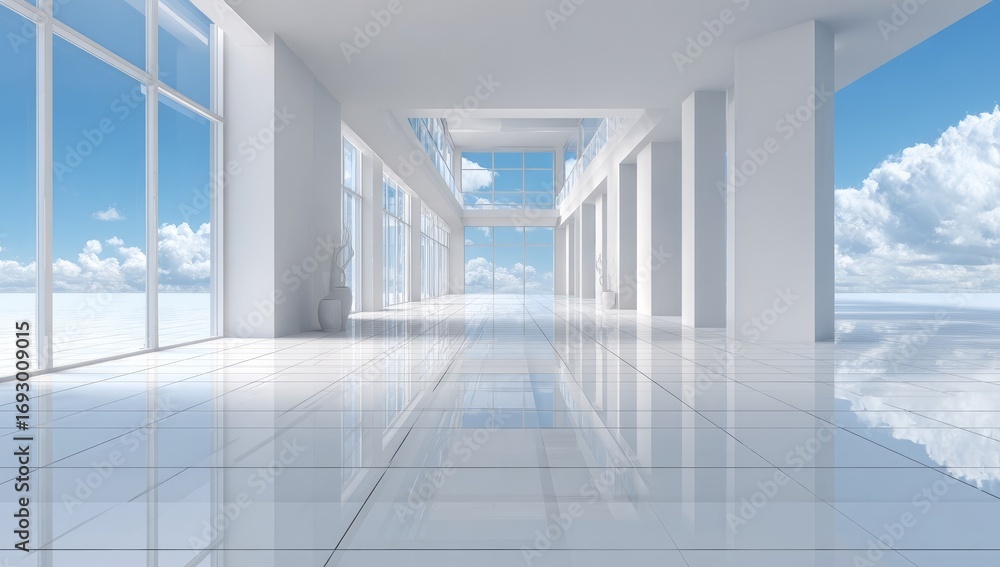 Fototapeta premium Modern, empty hall with panoramic windows