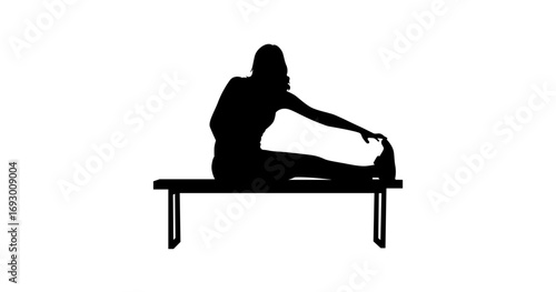 A simple, black and white silhouette of a woman stretching her legs while seated on a bench.