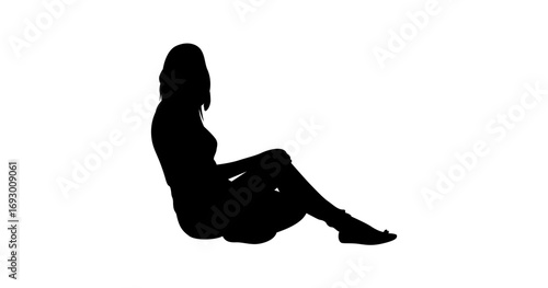 A simple, elegant silhouette of a woman seated on the ground, facing sideways.